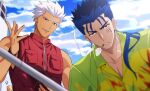  +++ 2boys akujiki59 archer_(fate) bangs blonde_hair blue_hair blurry cigarette cloud collared_shirt commentary_request cu_chulainn_(fate) cu_chulainn_(fate/stay_night) day earrings fate/stay_night fate_(series) frown green_shirt half-closed_eyes hat holding holding_clothes holding_hat jewelry male_focus mouth_hold multiple_boys outdoors parted_lips red_eyes red_vest shirt short_hair sky smile spiked_hair vest white_hair wristband zipper_pull_tab 
