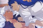  2boys akujiki59 archer_(fate) artist_name bangs blue_hair collarbone collared_shirt commentary_request cu_chulainn_(fate) cu_chulainn_(fate/stay_night) earrings fate_(series) fingernails grey_eyes jewelry long_hair looking_at_viewer looking_back lying male_focus multiple_boys on_back open_clothes open_mouth open_shirt parted_lips red_eyes shirt short_hair sleeves_rolled_up spiked_hair upper_teeth white_hair white_shirt yaoi 