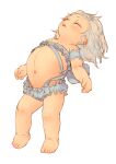  1girl absurdres back_bow bare_shoulders barefoot blonde_hair blue_hair blush bow character_request closed_eyes clothing_request commentary_request copyright_request feral_lemma flat_chest frills full_body highres leaning_back medium_hair multicolored_hair navel open_mouth revealing_clothes reward_available simple_background solo standing toddlercon two-tone_hair white_background 