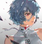  1girl ayanami_rei bandage_over_one_eye bandaged_head bandages bare_shoulders blue_hair chromatic_aberration commentary_request covered_collarbone debris grey_background interface_headset looking_away neon_genesis_evangelion parted_lips red_eyes short_hair skin_tight solo tss-mire upper_body 