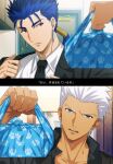  2boys akujiki59 archer_(fate) bag bangs black_jacket black_neckwear black_shirt blue_hair blurry collared_shirt commentary_request cu_chulainn_(fate) cu_chulainn_(fate/stay_night) earrings fate_(series) hair_tubes hand_up hands_up holding holding_bag jacket jewelry male_focus multiple_boys open_mouth parted_lips ponytail red_eyes shirt spiked_hair tied_hair tongue upper_teeth white_hair white_shirt 