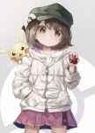  1girl absurdres bangs black_headwear blush brown_eyes brown_hair cabbie_hat closed_mouth commentary_request drawstring electricity eyebrows_visible_through_hair gen_1_pokemon gloria_(pokemon) hand_in_pocket hand_up hat highres holding holding_poke_ball hood hood_down hooded_jacket jacket long_sleeves looking_at_viewer on_shoulder pikachu pleated_skirt poke_ball poke_ball_(basic) pokemon pokemon_(game) pokemon_swsh red_skirt skirt smile utatanecocoa v-shaped_eyebrows white_jacket 