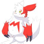  balls blush chubby flaccid fur looking_up male markings nintendo overweight penis plain_background pok&#233;mon pokemon red_markings solo unknown_artist video_games white_background white_fur yellow_eyes zangoose 