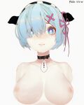  1girl animal_ears animal_print artist_name bangs blue_eyes blue_hair breasts chinese_commentary closed_mouth collar collarbone commentary_request cow_ears cow_print cum facial fake_animal_ears hair_ornament hair_over_one_eye hair_ribbon headdress highres lactation large_breasts looking_at_viewer nipples pink_ribbon print_headwear re:zero_kara_hajimeru_isekai_seikatsu redooo rem_(re:zero) ribbon short_hair simple_background solo tag translation_request upper_body white_background x_hair_ornament 