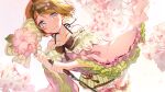  1girl bangs bare_shoulders black_ribbon blush brown_hair closed_mouth collarbone dutch_angle eyebrows_visible_through_hair floating_hair flower green_skirt hair_between_eyes highres holding koizumi_hanayo long_sleeves looking_at_viewer love_live! love_live!_school_idol_project miniskirt naarann pink_eyes pink_flower ribbon shiny shiny_hair short_hair skirt smile solo striped striped_skirt thighhighs wide_sleeves zettai_ryouiki 