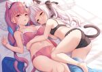  2girls animal_ears ass bangs bare_shoulders black_bra black_panties black_ribbon blue_hair blunt_bangs blush bra braid breasts cat_ears cat_tail cleavage collarbone colored_inner_hair commentary drill_hair extra_ears french_braid hair_ribbon hairband highres holding_hands hololive large_breasts long_hair looking_at_viewer lying minato_aqua multicolored_hair multiple_girls murasaki_shion navel on_back on_bed on_side open_mouth panties pillow pink_bra pink_panties purple_eyes purple_hair ribbon shimokirin sidelocks silver_hair small_breasts smile tail thighs twin_drills twintails two-tone_hair underwear virtual_youtuber yellow_eyes 