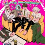 1girl 2boys :o ahoge album_cover alternate_costume animal_ears bangs barefoot black_pants bow breast_pocket brown_eyes brown_hair brown_skirt buttons cable collared_shirt commentary_request controller copyright_name cosplay couch cover danganronpa_(series) danganronpa_2:_goodbye_despair diaper double-breasted ear_bow fake_animal_ears flipped_hair game_console game_controller game_cover green_jacket green_neckwear grey_hair halftone handheld_game_console hands_up highres hinata_hajime holding holding_controller holding_phone hood hood_up jacket jacket_removed komaeda_nagito long_sleeves lying miniskirt monokuma monomi_(danganronpa) monomi_(danganronpa)_(cosplay) multiple_boys nanami_chiaki necktie no_shoes on_couch orange_bow palm_tree_print pants phone pillow pink_background pink_hair playing_games playstation_controller playstation_portable pocket print_shirt rabbit_ears shirt short_sleeves skirt smile speech_bubble tege_(tege_xxx) thighhighs white_shirt 