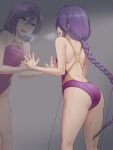  1girl against_glass ass backless_swimsuit braid breath commission competition_swimsuit cowboy_shot from_behind highres long_hair melty_blood one-piece_swimsuit pataneet purple_eyes purple_hair purple_swimsuit reflection single_braid sion_eltnam_atlasia skeb_commission solo standing swimsuit tsukihime 