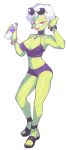  1girl bikini bottle bracelet cheelai choker colored_skin dragon_ball dragon_ball_super dragon_ball_super_broly ear_piercing earrings eyewear_on_head full_body green_skin highres inkerton-kun jewelry piercing pink_eyes purple_bikini sandals sunglasses swimsuit water_bottle white_background white_hair 