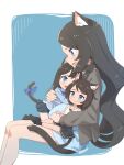  3girls :d absurdres aina_(mao_lian) animal_ear_fluff animal_ears black_skirt blue_background blue_bow blue_dress blue_eyes blue_jacket blush bob_cut border bow brown_hair cat_ears cat_tail child closed_mouth dress from_side grey_jacket highres invisible_chair jacket long_hair long_sleeves mao_lian_(nekokao) medium_hair miniskirt mother_and_daughter multiple_girls open_clothes open_jacket open_mouth original outside_border pleated_skirt pregnant profile shirt siblings sisters sitting skirt sleeveless sleeveless_shirt smile tail tail_bow tail_ornament very_long_hair white_border white_shirt 