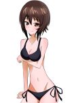  1girl absurdres bangs bikini black_bikini breast_hold breasts brown_eyes brown_hair cleavage closed_mouth commentary eyebrows_visible_through_hair girls_und_panzer groin highres looking_at_viewer medium_breasts motti_(motthi0711) navel nishizumi_maho short_hair side-tie_bikini simple_background sitting smile solo stomach swimsuit white_background 