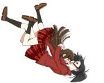  2girls black_hair black_legwear blush brown_footwear brown_hair closed_eyes commentary_request facing_another from_side hug konoe_konoka long_sleeves looking_at_another mahora_academy_middle_school_uniform mahou_sensei_negima! multiple_girls open_mouth plaid plaid_skirt profile sakurada_en sakurazaki_setsuna school_uniform shoes side_ponytail simple_background skirt socks white_background yuri 