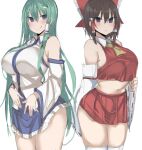  2girls :o :q \||/ ascot bangs bare_shoulders blue_eyes blue_skirt blush bow breasts brown_hair collared_vest cowboy_shot detached_sleeves eyebrows_visible_through_hair frilled_bow frilled_hair_tubes frills frog_hair_ornament golgi_hon green_hair hair_between_eyes hair_ornament hair_tubes hakurei_reimu highres kochiya_sanae large_breasts long_hair long_sleeves looking_at_viewer multiple_girls parted_lips purple_eyes red_bow shirt short_hair simple_background sketch skirt thighhighs tongue tongue_out touhou very_long_hair vest white_background white_legwear white_shirt wide_sleeves wing_collar yellow_neckwear 