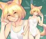  1girl animal_ears bangs bare_shoulders blonde_hair breasts closed_mouth commentary_request eyebrows_visible_through_hair eyes_visible_through_hair fox_ears fox_tail green_background hair_between_eyes hand_up highres kudamaki_tsukasa looking_at_viewer medium_breasts one-piece_swimsuit short_hair smile solo standing swimsuit tail tarmo teeth touhou white_swimsuit yellow_eyes 