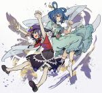  2girls :d aqua_dress arms_up bangs belt black_skirt blue_eyes blue_hair breasts closed_mouth commentary_request dress eyebrows_visible_through_hair flat_chest flower full_body hagoromo hair_ornament hair_rings hair_stick hand_on_another&#039;s_head hat_ornament holding_shawl jiangshi kaku_seiga looking_at_another medium_breasts miyako_yoshika multiple_girls ofuda open_clothes open_mouth open_vest outstretched_arms pink_flower pointy_ears puffy_short_sleeves puffy_sleeves purple_eyes purple_hair red_shirt shawl shirt short_hair short_sleeves simple_background skirt smile star_(symbol) star_hat_ornament syuri22 touhou vest white_background white_vest zombie_pose 