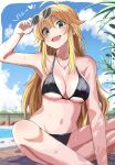  1girl ahoge bare_shoulders bikini black_bikini blonde_hair blue_sky breasts commentary_request day eyewear_removed green_eyes haruki_(haruki678) highres hoshii_miki idolmaster idolmaster_(classic) indian_style jewelry large_breasts long_hair looking_at_viewer navel necklace open_mouth outdoors pool sitting sky solo sunglasses swimsuit translation_request wet 