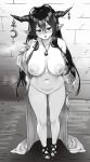 1girl antenna_hair bandaged_arm bandages breasts danua draph eyebrows_visible_through_hair granblue_fantasy greyscale hair_between_eyes highres horns houtengeki large_breasts long_hair monochrome navel nipples pointy_ears pussy_juice solo standing 