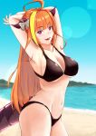  1girl absurdres ahoge armpits arms_up bangs beach bikini black_bikini blonde_hair blunt_bangs bow breasts cleavage day dragon_girl dragon_horns dragon_tail eyebrows_visible_through_hair fang highres hololive horns kiryu_coco large_breasts lens_flare long_hair multicolored_hair navel ocean open_mouth orange_hair red_eyes sand signature smile solo straight_hair streaked_hair striped striped_bow swimsuit tail two-tone_hair very_long_hair virtual_youtuber water zeiss 