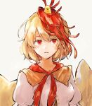  1girl animal_on_head bird bird_on_head blonde_hair breasts chick grey_background hisona_(suaritesumi) medium_hair multicolored_hair neckerchief niwatari_kutaka on_head open_mouth red_eyes red_hair red_neckwear shirt simple_background small_breasts solo touhou two-tone_hair upper_body white_shirt wings 