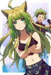  1boy 1girl achilles_(fate) ahoge animal_ears atalanta_(fate) bikini black_gloves cat_ears closed_eyes crossed_arms fate/apocrypha fate/grand_order fate_(series) gloves goggles goggles_on_head green_eyes green_hair mikami_(mkm0v0) navel smile swimsuit 