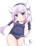  1girl arms_behind_back bangs beads blue_eyes blue_swimsuit blunt_bangs blush bow covered_navel dragon_girl dragon_horns eyebrows_visible_through_hair hair_beads hair_bow hair_ornament highres horns kanna_kamui kobayashi-san_chi_no_maidragon long_hair low_twintails one-piece_swimsuit pink_hair ribbon school_swimsuit shinonome_meguri simple_background solo swimsuit tail thighs twintails white_background 