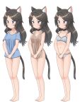  1girl absurdres aina_(mao_lian) animal_ear_fluff animal_ears bangs bare_arms bare_legs bare_shoulders barefoot black_choker blue_eyes blue_shirt blush bra breasts cat_ears cat_tail choker closed_mouth grey_bra grey_hair grey_panties highres long_hair mao_lian_(nekokao) multiple_views naked_shirt navel original panties parted_bangs rags shirt short_sleeves simple_background small_breasts standing tail underwear underwear_only v_arms wavy_mouth white_background 