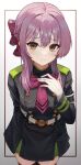  1girl bangs belt black_legwear blush bow bow_by_hair bowtie braid brown_eyes buttons closed_mouth collared_jacket eyebrows_visible_through_hair french_braid gloves hair_between_eyes hair_bow hair_ribbon hand_on_own_chest hiiragi_shinoa legs_together long_sleeves looking_at_viewer military military_uniform mrr_05 necktie owari_no_seraph purple_bow purple_hair purple_neckwear ribbon sidelocks smile solo standing thighhighs uniform upper_body white_belt white_gloves zettai_ryouiki 