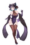  1girl alternate_costume animal_ears azur_lane bangs bare_shoulders black_hair blue_eyes blue_hair breasts brown_legwear cheshire_(azur_lane) cheshire_(cait_sith_crooner)_(azur_lane) cleavage dress fake_animal_ears fur_trim garter_belt gloves hair_net high_heels large_breasts leg_up navel official_alternate_costume purple_dress purple_gloves see-through_dress short_hair smile solo standing thighs white_background yuzuruka_(bougainvillea) 