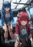  2girls android bag blue_eyes blue_hair doll_joints drawing duffel_bag fingernails hands_on_own_knees highres holding holding_stylus hood hoodie joints laboratory long_hair looking_down multiple_girls original red_hair robot_ears siblings sisters stylus taiu tongue tongue_out 