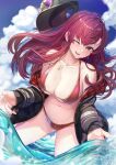  1girl baseball_cap bikini breasts cleavage dutch_angle earrings hat highres hololive houshou_marine jacket jewelry large_breasts long_hair necklace one_eye_closed open_clothes open_jacket outdoors partially_submerged red_hair s.u._(simpleu818) sky solo swimsuit virtual_youtuber water wet 