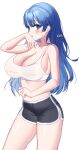  1girl absurdres bare_arms bare_shoulders black_shorts blue_eyes blue_hair breasts cleavage commission contrapposto cowboy_shot crop_top dolphin_shorts hand_up highres large_breasts long_hair looking_at_viewer midriff myao_(o3o333) original shirt short_shorts shorts simple_background sleeveless sleeveless_shirt solo spaghetti_strap standing sweatdrop thighs white_background white_shirt 