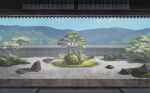  architecture bush choc0_(oda0208) cloud cobblestone courtyard day east_asian_architecture highres mountain no_humans original rock rock_garden scenery sky sliding_doors tile_roof tree wooden_floor wooden_wall 
