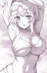  1girl armpits arms_up bikini blush breasts commentary_request eyewear_on_head greyscale highres hololive large_breasts looking_at_viewer mole mole_on_breast monochrome navel oryou shirogane_noel short_hair solo sunglasses sweat swimsuit undressing virtual_youtuber 