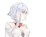  1girl bangs blue_eyes breasts cleavage closed_mouth dress hair_between_eyes long_hair long_sleeves looking_to_the_side portrait rico_tta simple_background sinoalice snow_white_(sinoalice) solo white_background white_dress white_hair 