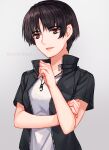  1girl alternate_hairstyle androgynous artist_name bangs bare_arms braid brown_hair collared_shirt crown_braid eyebrows_visible_through_hair fingernails hand_on_own_arm hand_up high_collar highres jewelry looking_at_viewer niijima_makoto open_clothes open_shirt parted_bangs parted_lips pendant persona persona_5 red_eyes shirt short_hair short_sleeves smile solo tomboy twitter_username undershirt unzipped upper_body yaoto zipper 