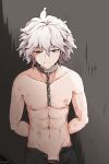  1boy abs absurdres arms_behind_back artist_name bangs bar_censor black_pants bruise cain censored chain closed_mouth collar collarbone commentary cowboy_shot danganronpa_(series) danganronpa_another_episode:_ultra_despair_girls english_commentary grey_background grey_hair hair_between_eyes highres injury komaeda_nagito looking_at_viewer male_focus male_pubic_hair messy_hair metal_collar navel open_pants pants penis pubic_hair shirtless short_hair simple_background smile solo sweat two-tone_background white_pubic_hair 