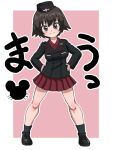  1girl ankle_boots bangs black_footwear black_headwear black_jacket black_legwear boots border brown_eyes brown_hair closed_mouth dress_shirt garrison_cap girls_und_panzer hands_on_hips hat insignia jacket kuromorimine_military_uniform long_sleeves looking_at_viewer mauko_(girls_und_panzer) military military_hat military_uniform miniskirt mouse_print outline outside_border pink_background pleated_skirt red_shirt red_skirt shirt short_hair skirt smile smirk socks solo standing takahashi_kurage translated uniform v-shaped_eyebrows white_border white_outline wing_collar 