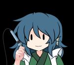  1girl 216 bangs black_background blue_hair closed_mouth commentary hand_up head_fins holding long_hair simple_background smile soldering_iron solo touhou upper_body wakasagihime you&#039;re_doing_it_wrong |_| 