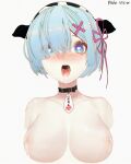  1girl animal_ears animal_print artist_name bangs blue_eyes blue_hair blush breasts breath chinese_commentary collar collarbone commentary_request cow_ears cow_print cum cum_in_mouth fake_animal_ears hair_ornament hair_over_one_eye hair_ribbon headdress heart heart-shaped_pupils highres lactation large_breasts looking_at_viewer nipples open_mouth pink_ribbon print_headwear re:zero_kara_hajimeru_isekai_seikatsu redooo rem_(re:zero) ribbon short_hair simple_background solo symbol-shaped_pupils tag tongue tongue_out translation_request upper_body white_background x_hair_ornament 