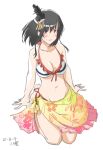  1girl bikini black_hair breasts cleavage floral_print frilled_bikini frills full_body hachiyou_(hatiyo) hair_ornament highres kantai_collection medium_breasts red_eyes sarong seiza short_hair side-tie_bikini simple_background sitting solo swimsuit white_background yamashiro_(kancolle) yellow_sarong 