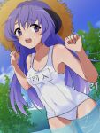  1girl absurdres ass_visible_through_thighs blush breasts character_name cleavage collarbone cowboy_shot day hanyuu hat highres higurashi_no_naku_koro_ni horns long_hair looking_to_the_side name_tag open_mouth outdoors poyadevil purple_eyes purple_hair school_swimsuit shiny shiny_hair single_horn sketch small_breasts solo standing straw_hat sun_hat swimsuit thigh_gap very_long_hair wading white_swimsuit yellow_headwear 