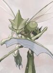  claws commentary_request fangs fangs_out gen_1_pokemon gogot grey_eyes half-closed_eyes highres looking_to_the_side no_humans pokemon pokemon_(creature) scratches scyther solo 
