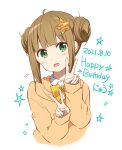 1girl bangs blush bow brown_hair brown_hoodie collared_shirt commentary_request cropped_torso dated double_bun double_v eyebrows_visible_through_hair flying_sweatdrops green_eyes hair_ornament hands_up happy_birthday highres hood hood_down hoodie long_sleeves official_art ootani_nyuu open_mouth ragho_no_erika shirt sidelocks simple_background sleeves_past_wrists solo star_(symbol) star_hair_ornament starry_background sukurizo! upper_body v wavy_mouth white_background white_shirt yellow_bow 