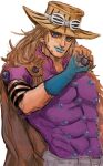  1boy b_nosk101 ball belt blue_eyes blue_gloves blue_lips blurry brown_cape brown_hair brown_headwear cape commentary_request depth_of_field eyewear_on_headwear facial_hair fingerless_gloves gloves gyro_zeppeli hand_up hat highres holding holding_ball jojo_no_kimyou_na_bouken long_hair looking_at_viewer male_focus nose purple_shirt shirt short_sleeves simple_background steel_ball steel_ball_run toned toned_male upper_body white_background 