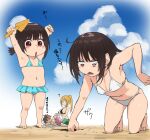  1boy 3girls ? arms_up bangs barefoot beach bikini black_hair blonde_hair breasts commentary_request contemporary darkness_(konosuba) day highres izawa_koushi komekko kono_subarashii_sekai_ni_shukufuku_wo! megumin multiple_girls navel outdoors partial_commentary ponytail red_eyes satou_kazuma short_hair sleeping small_breasts swimsuit translated triangle_mouth 