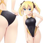  1girl adjusting_clothes adjusting_swimsuit ass battle_girl_high_school black_swimsuit blonde_hair blue_eyes breasts collarbone commentary_request commission competition_swimsuit covered_navel cowboy_shot hand_on_hip hand_on_own_thigh highleg highleg_swimsuit highres kougami_kanon long_hair looking_at_viewer medium_breasts multicolored multicolored_clothes multicolored_swimsuit multiple_views one-piece_swimsuit pataneet simple_background skeb_commission standing swimsuit thigh_gap twintails white_background 