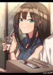  1boy 2girls black_hair blush bracelet breasts commentary_request cup disposable_cup drinking_straw erere green_eyes ice ice_cube iced_coffee idolmaster idolmaster_cinderella_girls jewelry long_hair multiple_girls pastry_box shibuya_rin sleeveless smile solo_focus 