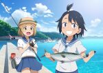  2girls absurdres animal black_hair blue_eyes blue_sailor_collar blue_skirt blue_sky blush boat brown_eyes brown_hair bucket building cloud commentary_request cooler day eyebrows_visible_through_hair fish fishing_rod forest grin hair_tie hat hat_ribbon highres hodaka_natsumi holding holding_animal holding_fish holding_fishing_rod houkago_teibou_nisshi kuromasu looking_at_viewer midriff_peek mountainous_horizon multiple_girls nature ocean one_side_up open_mouth outdoors pleated_skirt ribbon sailor_collar school_uniform serafuku shirt short_hair short_sleeves skirt sky smile tsurugi_hina uniform v-shaped_eyebrows watercraft white_shirt 