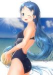 1girl artist_name bangs blue_eyes blue_hair blue_swimsuit blush cloud cloudy_sky commentary_request competition_swimsuit floating_hair kantai_collection light_rays long_hair looking_at_viewer looking_to_the_side mae_(maesanpicture) ocean one-piece_swimsuit one_eye_closed open_mouth revision samidare_(kancolle) sky solo sun sunbeam sunlight swept_bangs swimsuit very_long_hair volleyball 