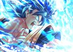  1boy aura blue_eyes blue_hair dougi dragon_ball dragon_ball_super male_focus mattari_illust muscular muscular_male open_mouth solo son_goku super_saiyan super_saiyan_blue transformation 